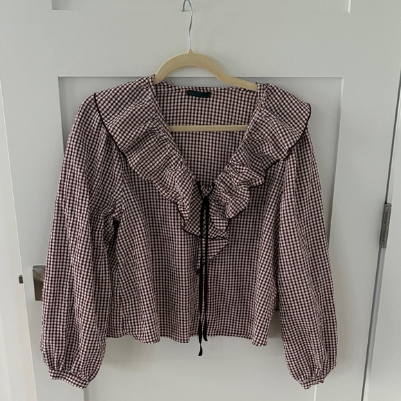 Zara Tops - Gingham Ruffle Blouse - Maroon and White
